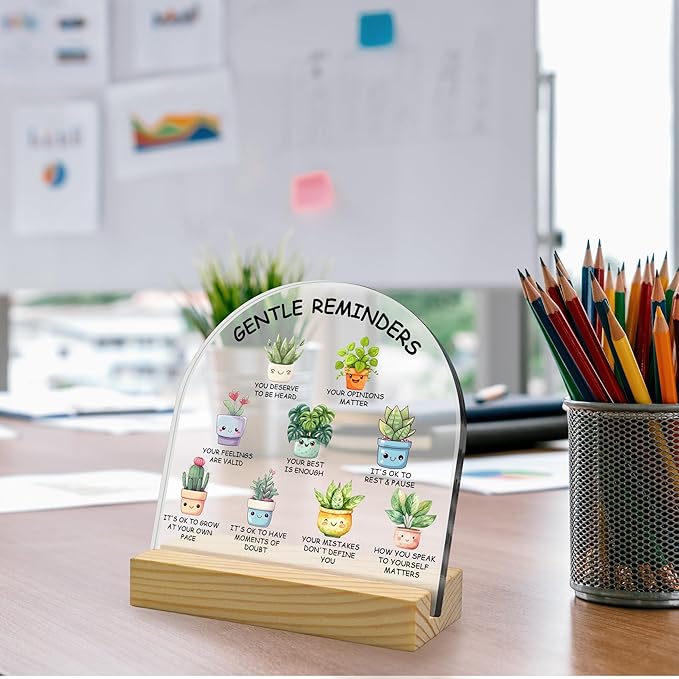 Gentle Reminders - Arched Shape Cute Potted Plants Motivational Acrylic Sign, Positivity Gifts for Family Friends Classmates Colleagues, Classroom Decorations Retirement Gift Green Desk Decoration
