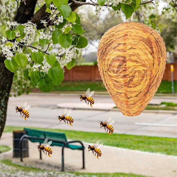 DECYOOL 4 Pack Paper Wasp Nest Decoy Hanging Wasp Nest Stay Away from Wasps Hornets Yellow Jackets(Orange)