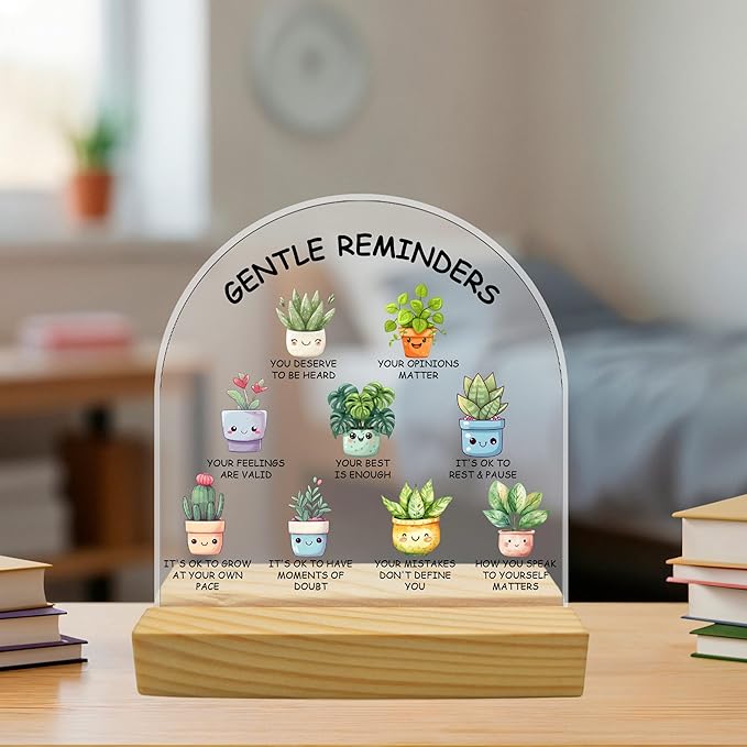 Gentle Reminders - Arched Shape Cute Potted Plants Motivational Acrylic Sign, Positivity Gifts for Family Friends Classmates Colleagues, Classroom Decorations Retirement Gift Green Desk Decoration