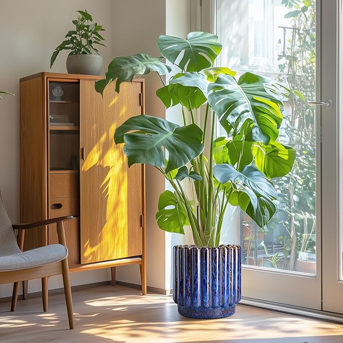 Ceramicfor 12 Inch Pots for Plants - Ceramic Planter Indoor Outdoor, Large Ceramic Flower Pots with Drainage Hole, Fluted Modern Round Planter, Living Room Home Decor, Gifts for Plant Lovers, Blue