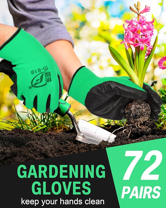 Potchen 72 Pairs Gardening Work Gloves Bulk for Men Women, Rubber Coated Garden Multipack Safety Construction Glove