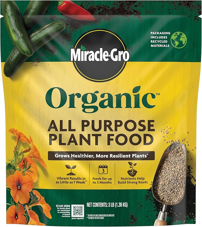 Miracle-Gro Organic All Purpose Plant Food - Garden Fertilizer for Outdoor Vegetables, Flowers, Container and In-Ground Plants, Feeds up to 3 Months, OMRI Listed, 3 lb.