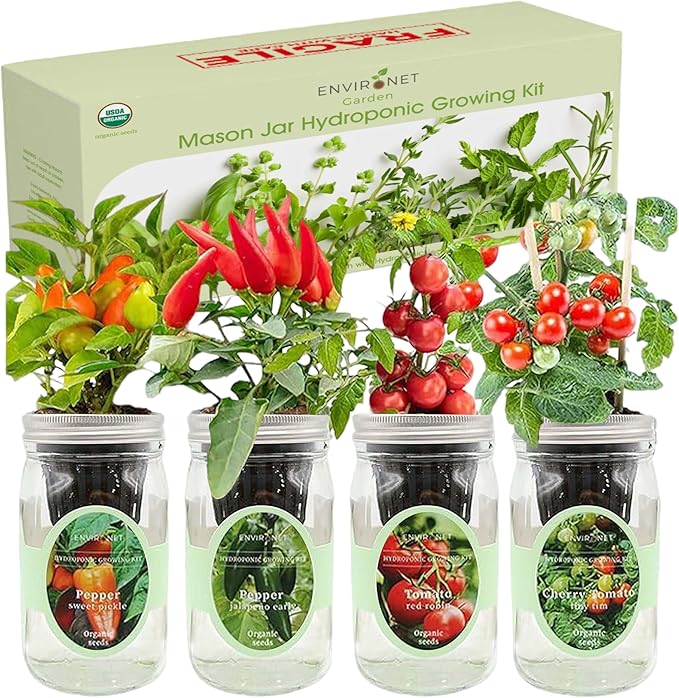 Hydroponic Herb Growing Kit Set, Self-Watering Mason Jar Herb Garden Starter Kit Indoor, Grow 4 Kinds of Herbs from Seeds (2 Tomato & 2 Pepper)