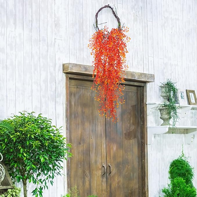RECUTMS Fall Faux Hanging Plants 4 Pcs Artificial Fall Plants Large Faux Hanging Plant Autumn Fall Hanging Vines Wall Plants Thanksgiving Home Garden Wedding Party Indoor Outdoor Decor(Orange 4P)