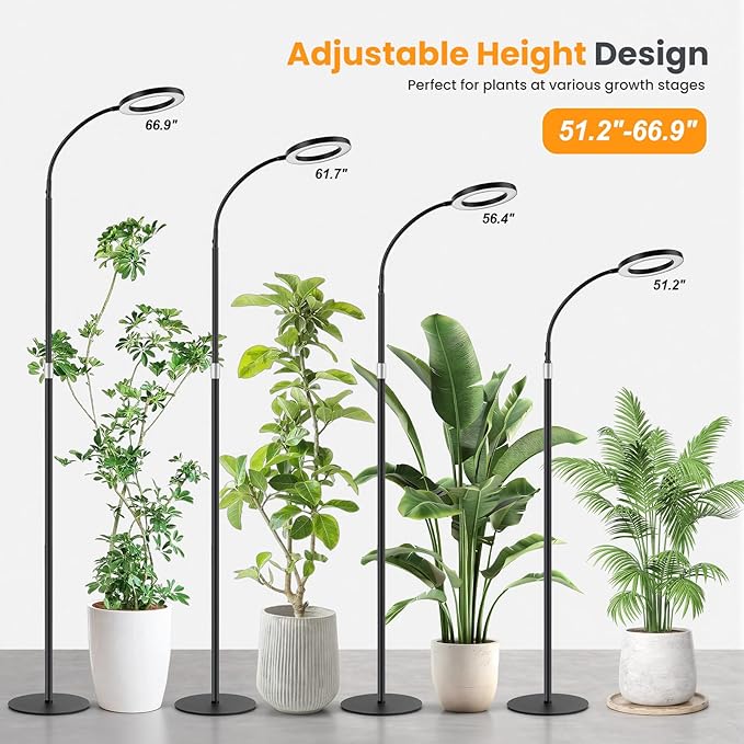 Grow Lights for Indoor Plants, Full Spectrum Plant Grow Light with 3/9/12H Timer, 3 Color Modes, 10 Brightness, Adjustable Growing Lamp for Large Indoor Plants, 51.2-66.9 Inch