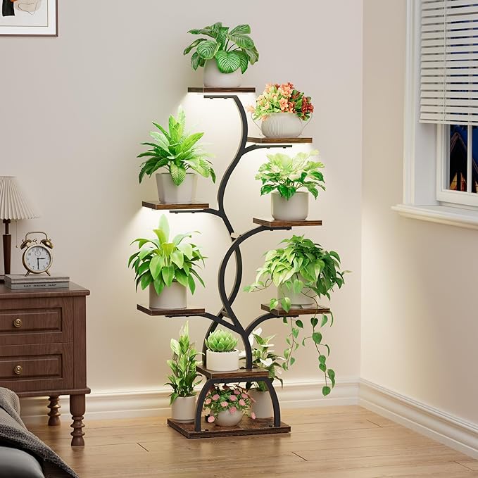 EVAWOO Plant Stand Indoor with Grow Light - 8 Tiered Plant Shelf Indoor, Corner Plant Stand, 49" Tall Plant Shelf with Lights for Indoor Growing, Lighted Flower Holder for Living Room, Balcony, Black