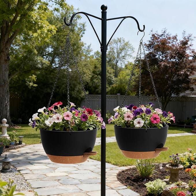 UOUZ 13 Inch 2 Pack Large Self Watering Hanging Planters for Indoor Outdoor Plants, Hanging Plant Pots with Removable 50 Oz Reservoir, Plastic Hanging Basket for Window Porch Garden, Black with Brown