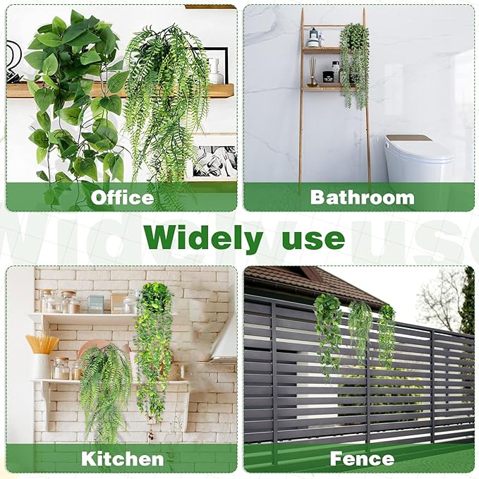 SHENLIU Artificial Hanging Plants for Shelf, 4 Pack Fake Potted Greenery Plant Faux Eucalyptus Vine String of Pearls Boston Fern Ivy Vine Leaves for Living Room Bedroom Boho Wall Shelf Indoor Outdoor