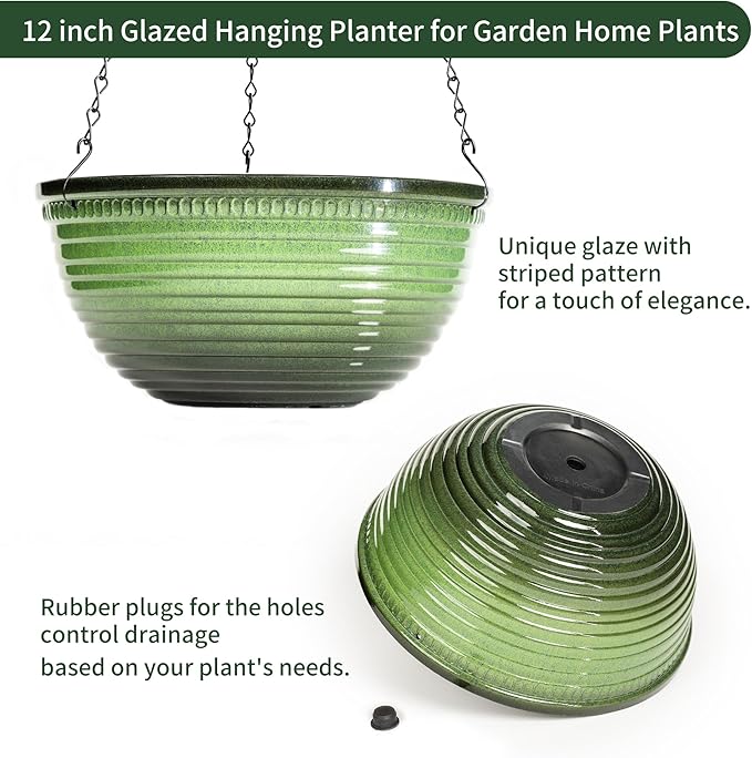 Vanslogreen 12 inch Hanging Planters for Indoor Outdoor Plants, 2 Pack Large Hanging Flower Pots with Drainage Holes and Chain, Glazed Hanging Baskets for Home Garden Decoration, Green