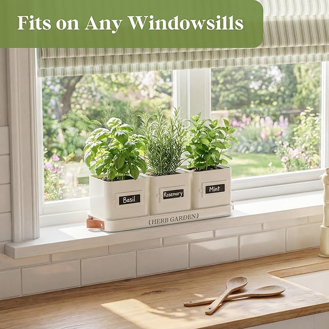 PERFNIQUE Indoor Herb Garden, Herb Planter Set with Tray, Farmhouse Indoor Plant Pots, Windowsill Herb Garden with Drainage(Planter only) for Indoor/Outdoor, Window Pots(White)