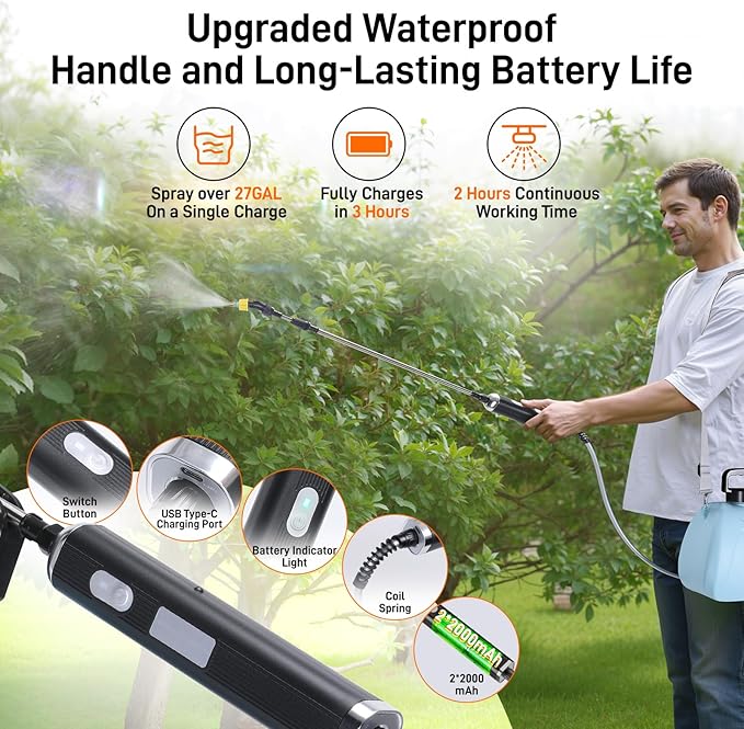 GOCHIFIX Electric Garden Sprayer 2.1 Gallon, 4 Mist Nozzles, Telescopic Wand, Adjustable Shoulder Strap, USB Rechargeable Waterproof Handle, Automatic Plant Mister for Lawn Garden