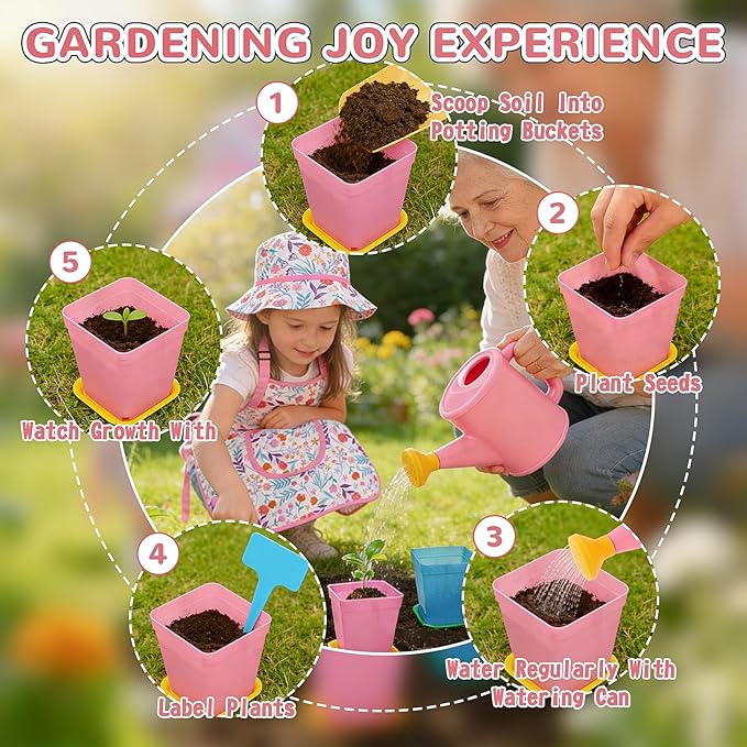 Kids Gardening Tool Set Kids Gardening Tools Shovel Rake Fork Trowel Apron Gloves Watering Can and Tote Bag Toddler Gardening Tools for Kids Best Outdoor Toys Gift for Boys and Girls