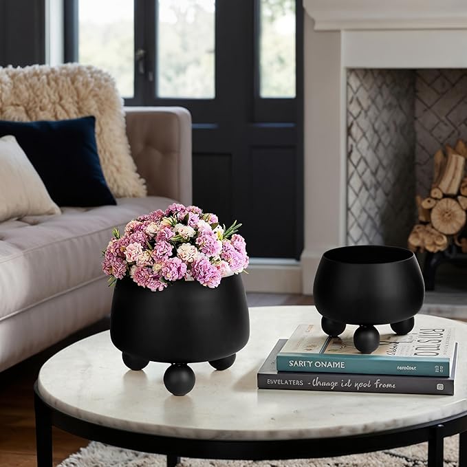 Chic Black Flower Pots and Planters for Indoor Plants Set – Glam Ceramic Planter Set with Modern Design for Home Decor, Orchid Pot, Round Planter, Indoor and Outdoor Planters – 9" & 7", Black