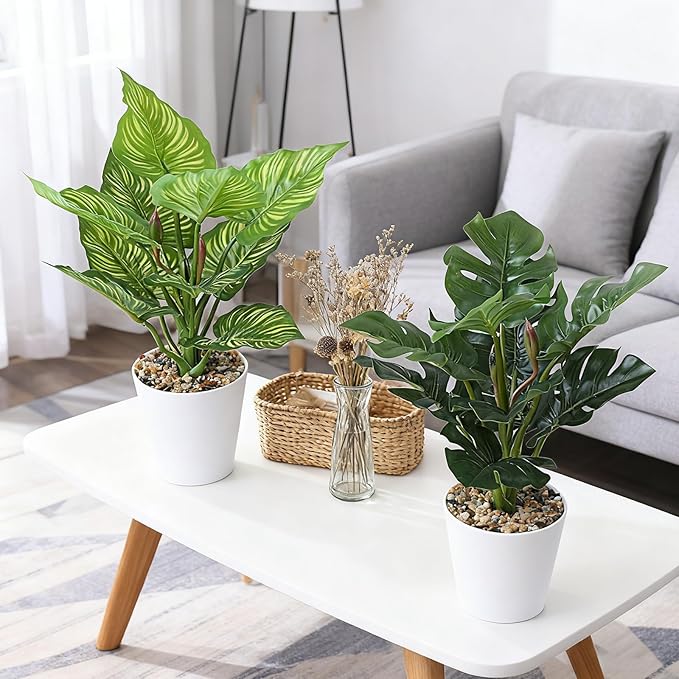 2PCS 12.2" Tall Artificial Monstera Plants for Office, Fake Plants Artificial Potted Plant Bathroom Decor Indoor Faux Tropical Plant Realistic Artificials for Home Office Table Bathroom Shelf Desktop