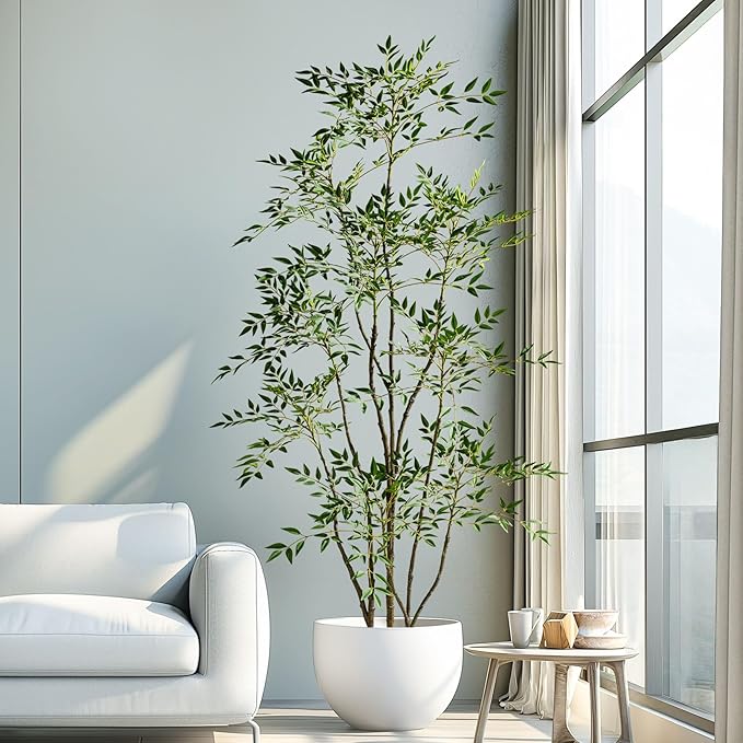 7.2ft Faux Bamboo Tree Artificial Nandina Tree Artificial Indoor Plants Realistic Fake Potted Tree with 800+ Leaves, Cement Planter - Home Office Decor Perfect for Housewarming Gift Non-Toxic