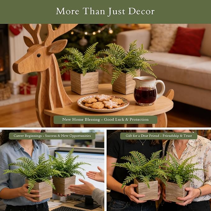 2 Pack Medium Fake Fern Plants with 4 Inch Wooden Planters, 9" Inch Tall Indoor Artificial Fern Plants for Shelves, Desktop, Bedroom, Office Decor