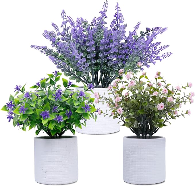 FGSAEOR Mini Potted Fake Plants, Small Artificial Greenery Plants Topiaries, Low Maintenance, Shelf Desk Room Table Office Home Decor (3-Pack) (White Pot - Purple Pink)