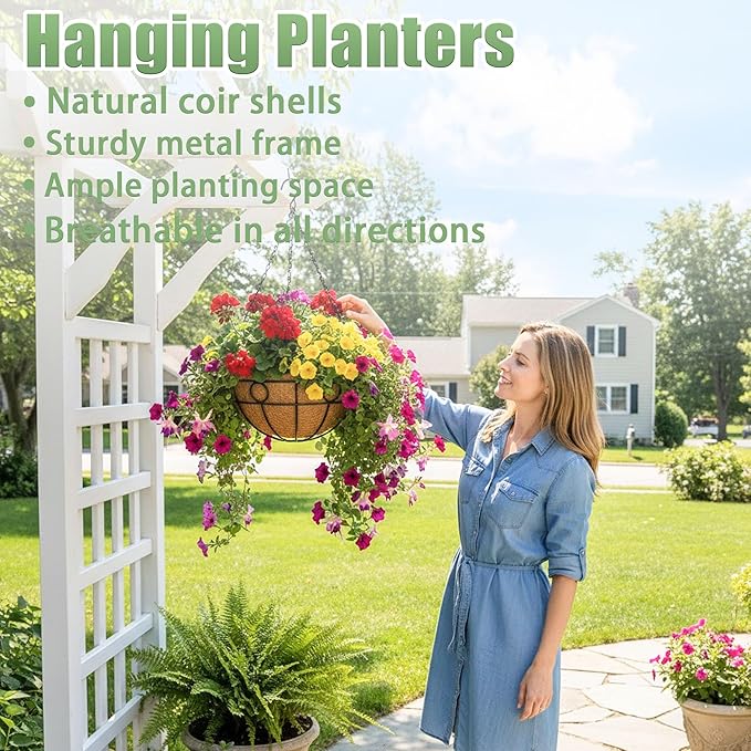 4 Pack 12 Inch Hanging Baskets for Plants Outdoor Metal Hanging Planters Round Hanging Flower Pots with Coco Coir Liner Plant Holder for Outdoor Patio Garden Balcony Decor - Circular
