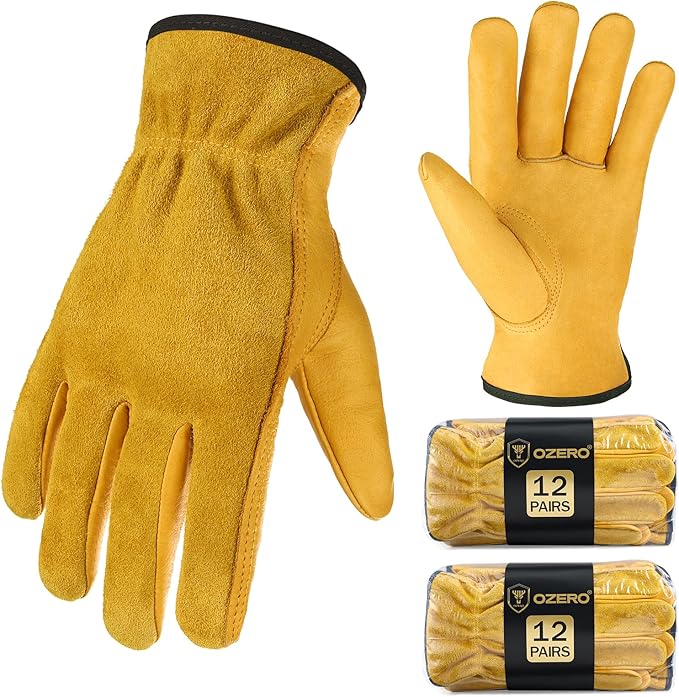 OZERO Leather Work Gloves for Men & Women, 24 Pairs Bulk Genuine Cowhide Garden Gloves, Lab Tested EN388 2143X, Flexible Grip, Breathable Unlined Comfort, Elastic Wrist (Gold, Large)