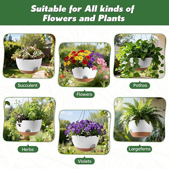 4-Piece Set of 8-Inch Hanging Planters with Automatic Watering System and Drip Tray, Includes Metal Chain, Suitable for Various Indoor and Outdoor Plants and Flowers, White Brown