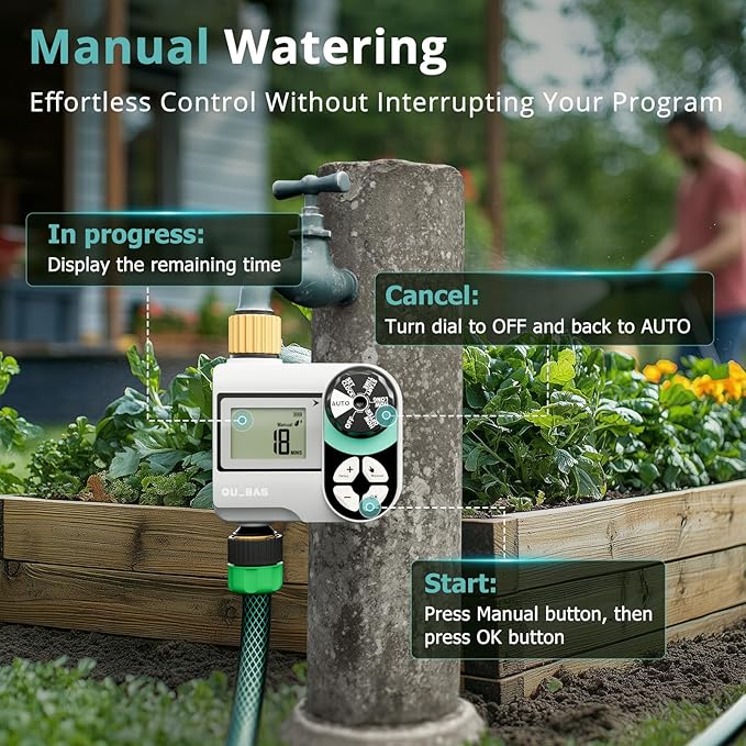 QUOBAS Brass Sprinkler Timer, Programmable Water Hose Timer for Garden Hose Faucet with Waterproof HD Screen, Rain Delay/Manual/Automatic Irrigation Watering System for Garden, Lawn, Yard