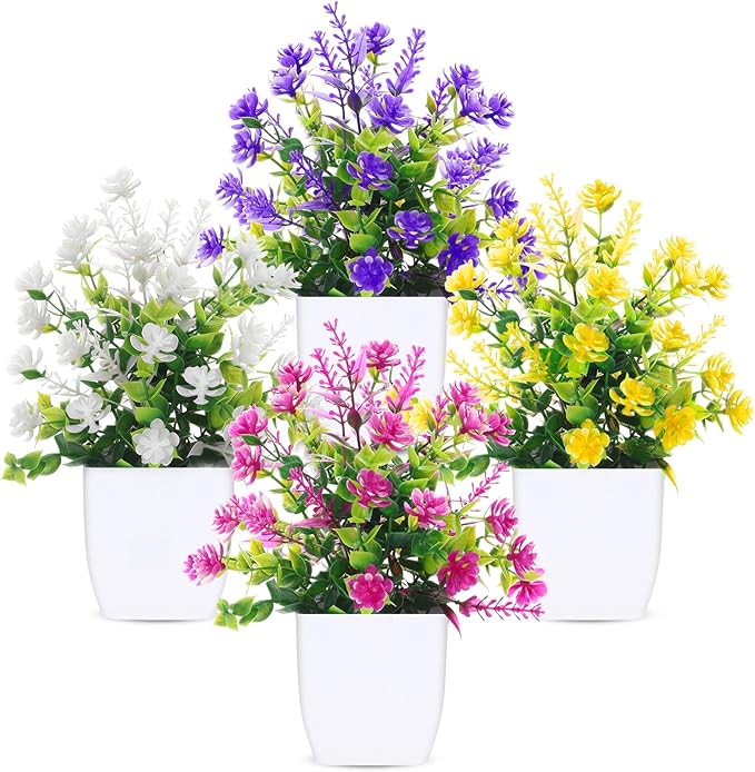 CEWOR Fake Flowers 4 Packs Faux Potted Flower Lavender with Eucalyptus Flowers Small Decorations for Spring Desk Bathroom Office Home Room Table Decor Indoor Outdoor