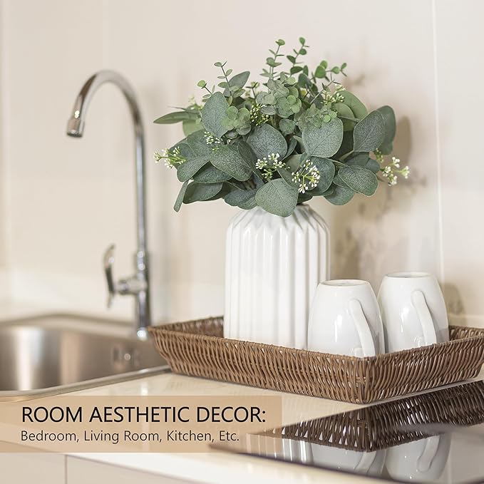 Fake Eucalyptus Decor in White Ceramic Vase Realistic Faux Plants Indoor Tabletop Fake Desk Plants for Office Small Potted Plant Artificial Decor Small Fakeplants for Shelves Bathroom Kitchen