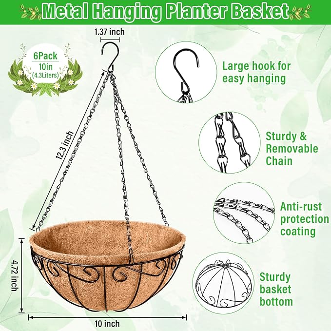 Legigo 6 Pack 10 Inch Metal Hanging Baskets for Plants Outdoor- Round Wire Hanging Planters Basket with Coconut Coir Liner, Hanging Flower Pot for Outdoor Plants Flowers Garden Decorations