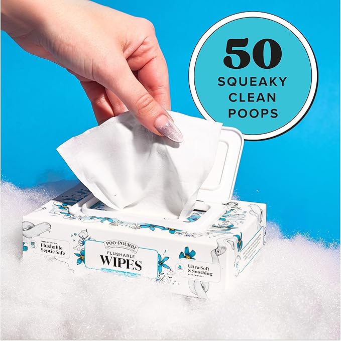 Poo~Pourri Unscented Flushable Wipes - Made with Plant Based Fibers, Aloe, Vitamin E, Chamomile, and Oat Extract - Adult Wet Wipes - 50 count Dispenser Box - Sewer & Septic Safe - Sensitive Skin Safe