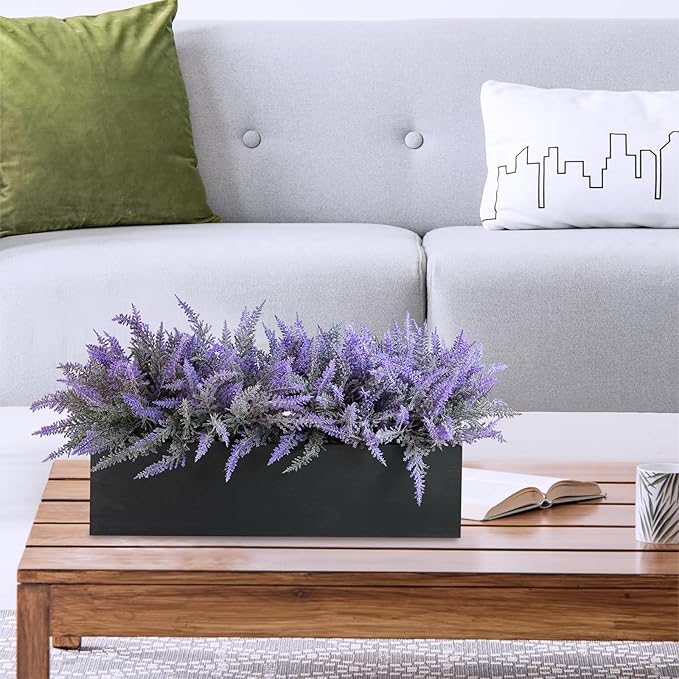 Winlyn 14" Artificial Lavender Arrangement Faux Lavender Flowers in Rustic Black Wooden Planter Box Realistic Lavender Potted Plant for Gift Farmhouse Home Wedding Table Centerpiece Mantel Shelf Décor