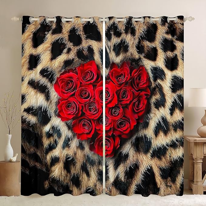 Leopard Print Blackout Curtains,Southwest African Big Cat Cheetah Skin Window Treatments,Tropical Wildlife Woodland Animal Fur Curtains & Drapes 2 Panels 38" Wx54 L,Romance Red Rose Window Curtains