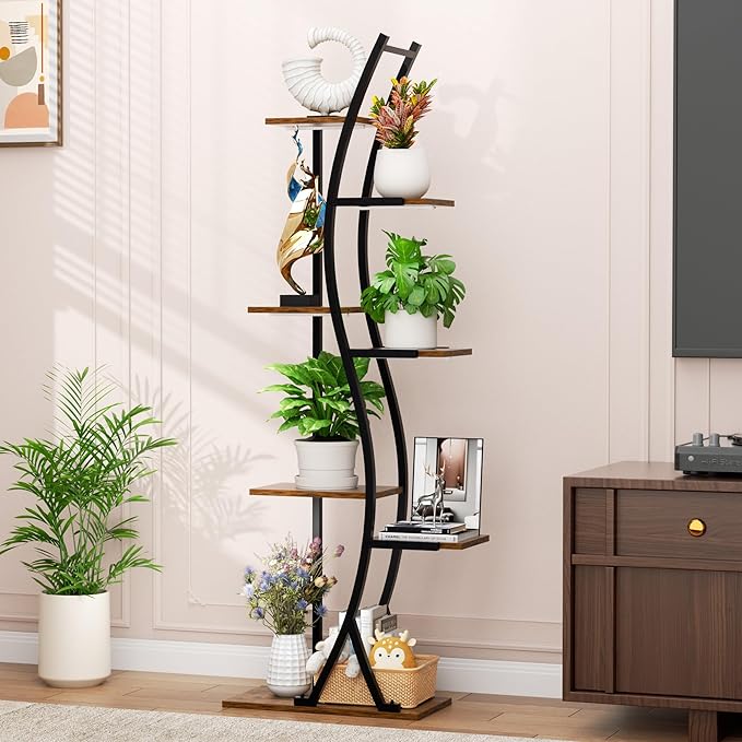 MJOMKN 62" Plant Stand Indoor with Grow Lights - 7 Tiered Tall Metal Plant Shelf - Corner Wooden Plant Stand for Indoor Plants Multiple, Large S-Shape Flower Rack Holder for Living Room, Garden, Patio Decor