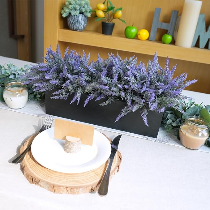 Winlyn 14" Artificial Lavender Arrangement Faux Lavender Flowers in Rustic Black Wooden Planter Box Realistic Lavender Potted Plant for Gift Farmhouse Home Wedding Table Centerpiece Mantel Shelf Décor