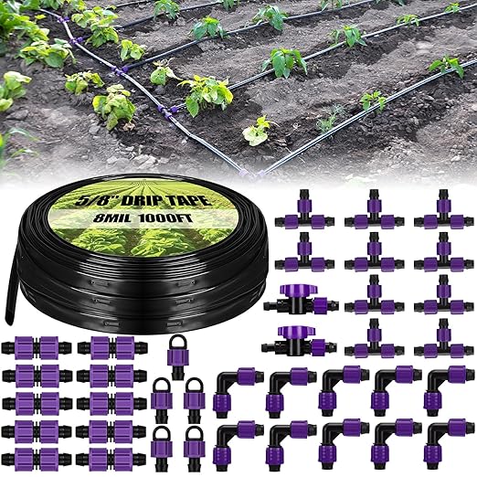 Tondiamo 1000' 5/8 Inch Drip Tape Irrigation Tubing Kit 16 Mil 6" Spacing Garden Hose Watering Tube Line Automatic Equipment for Garden Irrigation System Farms, Landscape, Lawn