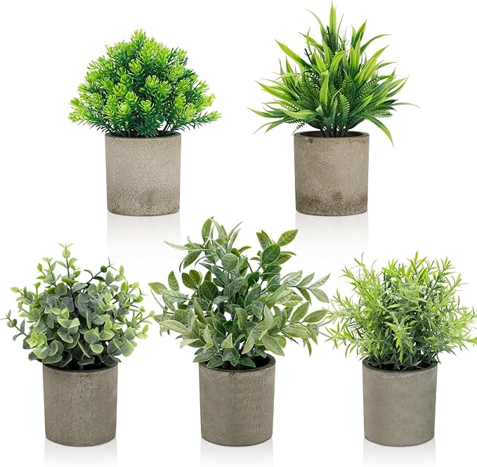 AUUGUU Artificial Potted Plants Set of 5, Realistic Faux Greenery in Cement Pots for Home Office Desk Bookshelf Decor, Small Fake Plants for Indoor Tabletop Decoration