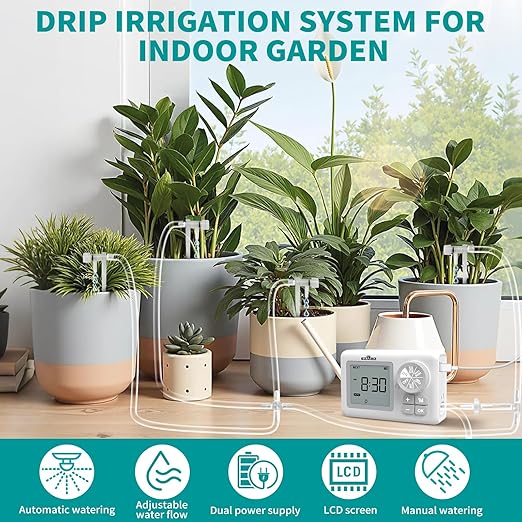 Automatic Watering System for 15 Potted Plants, Automatic DripIrrigation Kit with Adjustable Water Flow, Programmable Water Timer with Dual Power Supply, for Balcony/Garden/Greenhouse Plants