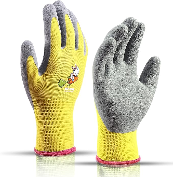 KDK Ages 5-7 Kids Gardening Gloves,Yard Work Gloves for Toddlers, Youth, Girls, Boys, Childrens, Soft Safety Rubber Gloves (XXS Age 5-7, 1 Pair Yellow Rabbit Carrot)