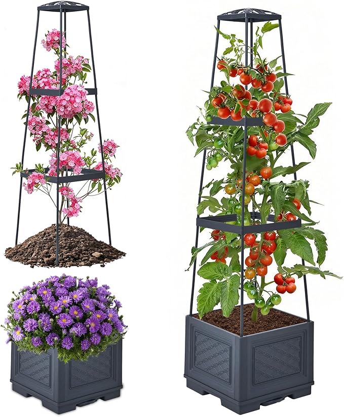 Raised Garden Bed, Tomato Cages for Garden, Tomato Cage, Raised Garden Beds Outdoor, Planter Box with Trellis, 44.8" Self-Watering Tomato Planter for Climbing Plants Vegetables Flowers(With Wheels)