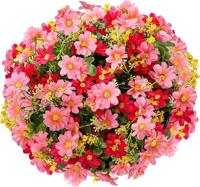 Hedume Artificial Fake Hanging Plants Flowers with Basket, Faux Silk Daisy Eucalyptus in Pot Planter Look Real, 8 inch Coconut Lining Basket for Porch Home Indoor Patio Balcony Yard Decoration