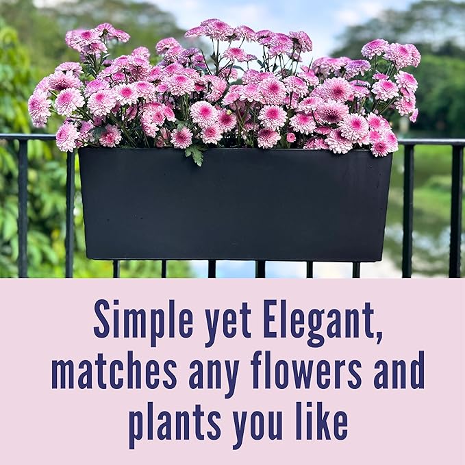 LaLaGreen Outdoor Planter Boxes (14 Inch, 2 Pack) Black Rectangular Self-Watering Railing Planters with Brackets, Hanging Window Boxes for Herbs Flowers Outdoor Plants Deck Garden Plastic Containers