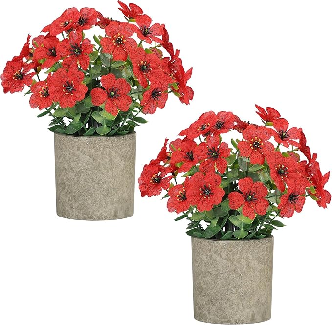 FAVOWREATH 2 Pack Small Fake Plants Potted Artificial Plants Artificial Flowers Potted Faux Flower Daisy with Eucalyptus Leaves for Home Decor Office Room Farmhouse Indoor Table Bathroom Decor（Red）