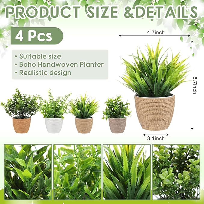 Suncalla 4 Pcs Small Woven Artificial Plants Boho Potted Fake Plants Mini Plastic Faux Eucalyptus 8.7" Greenery Indoor Farmhouse Bathroom Decor Pflanze Waterproof for Home Office Table Room Decor Gift