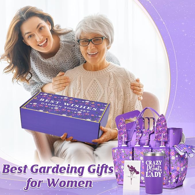 Lifecapido Gardening Gifts for Women, Garden Tool Set, 14 PCS Gardening Tools Set Kit with Tool Bag, Plant Lover Birthday Christmas Mothers Day Garden Tools Gifts for Gardeners Women Mom (Purple)