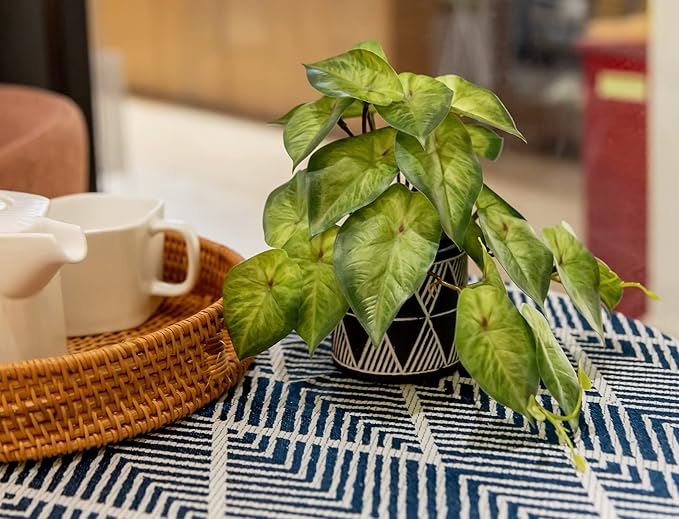 AlphaAcc Faux Plant Decor Potted Artificial Small Greenery Ivy Leaves Plants with Black and White Geometry Patterns Cement Pot for Office Desk Home Kitchen Decoration (Ivy Leaf)