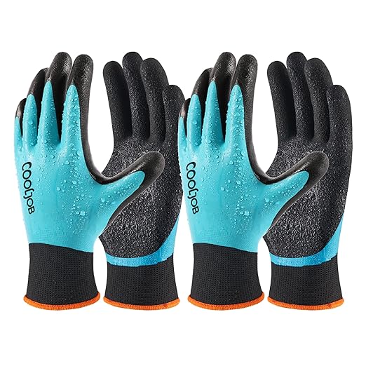 COOLJOB Waterproof Gardening Work Gloves with grip for Women & Men, Double Rubber Coated for Garden Yard Outdoor Construction Worker, Blue Small Size 2 Pairs