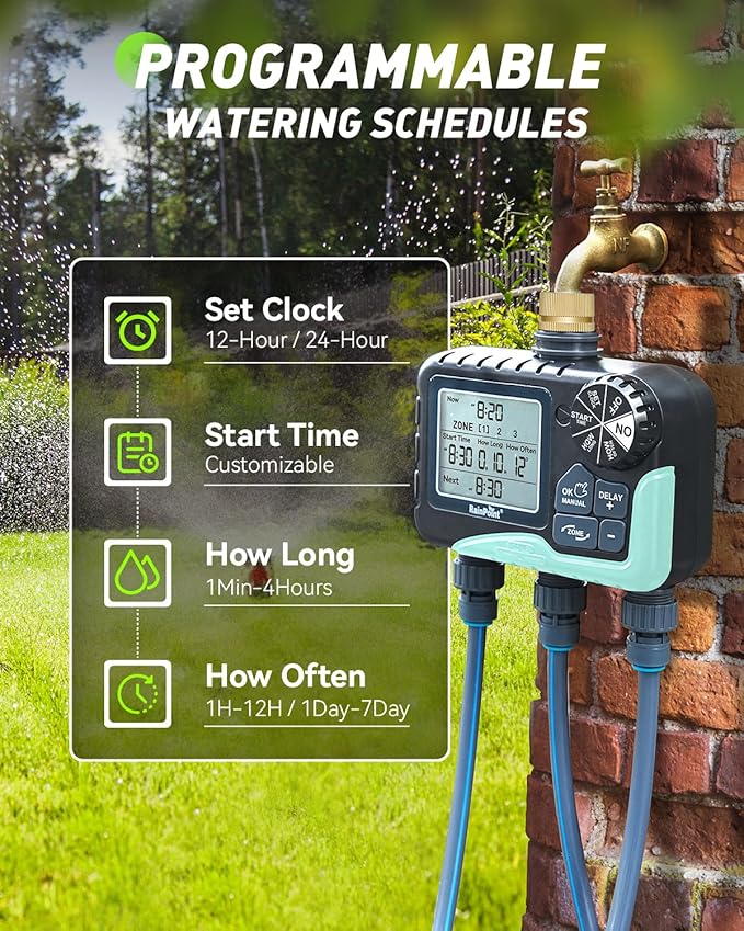 RAINPOINT 3 Zone Sprinkler Timer with Brass Inlet, Water Timer for Garden Hose,Rain Delay/Manual/Automatic Watering System, Hose,Hose Timers for Watering with IP65 Waterproof, Large LCD for Yard