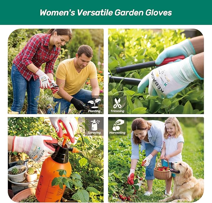 Kebada Gardening Gloves for Women, 6 Pairs Latex Coated Women Yard Work Gloves, High Visibility, Medium, Aqua & Red