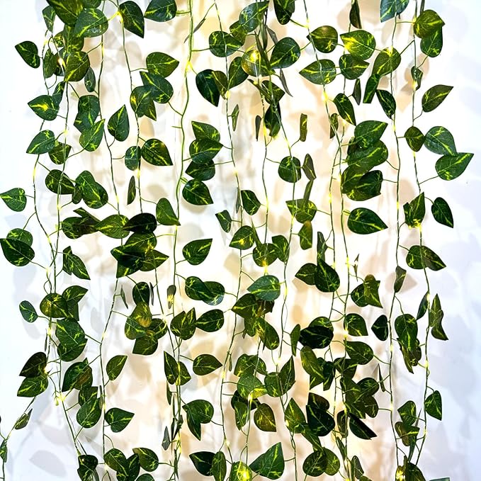 6 Pcs Artificial Hanging Plants Pothos Vines with 60 Warm Lights, Pothos Vine Leaves, Fake Plant Vine Hanging Garland for Wall, Party Wedding, Home, Kitchen, Indoor and Outdoor Decoration