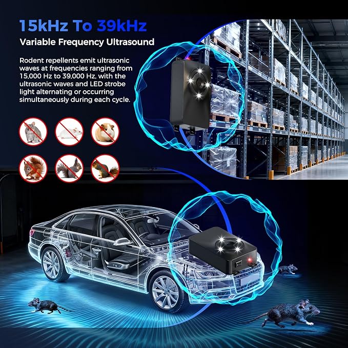 2-Pack Ultrasonic Rodent Repellent for Car Engine, Battery Powered Under Hood Mouse Repellent with LED Strobe Lights, Keeps Rats and Mice Away from RVs, Garage, Shed, Attic, Indoors