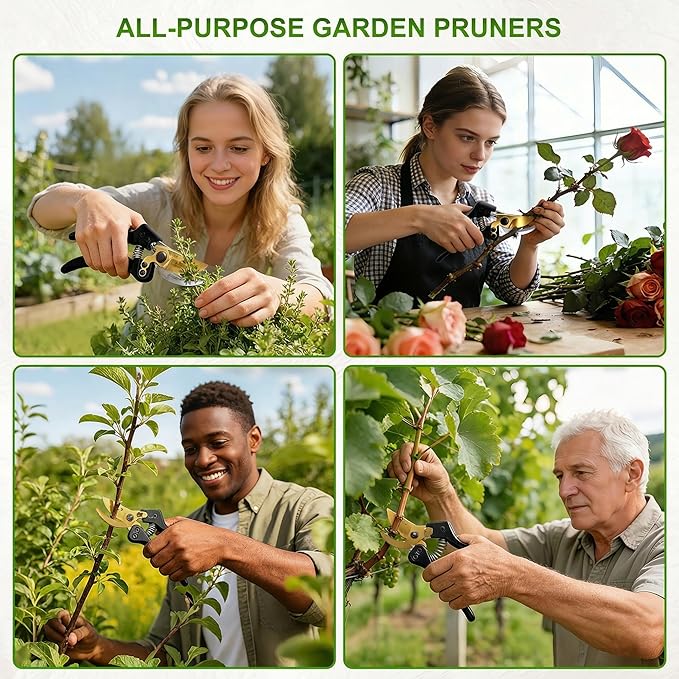 Pruning Shears, Sharp Clean Cut SK5 Steel Garden Clippers with Teflon Blade, Bypass Hand Pruners, Ergonomic Non-Slip Grip for Roses, Shrubs & Plants
